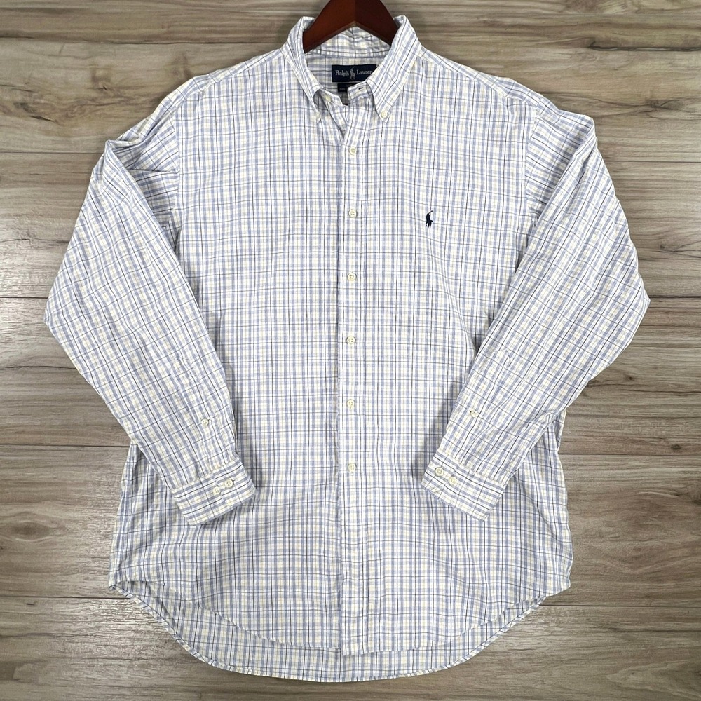 Ralph Lauren Yarmouth Shirt Men's 16.5 34/35 Blue Yellow Plaid Pinpoint Oxford